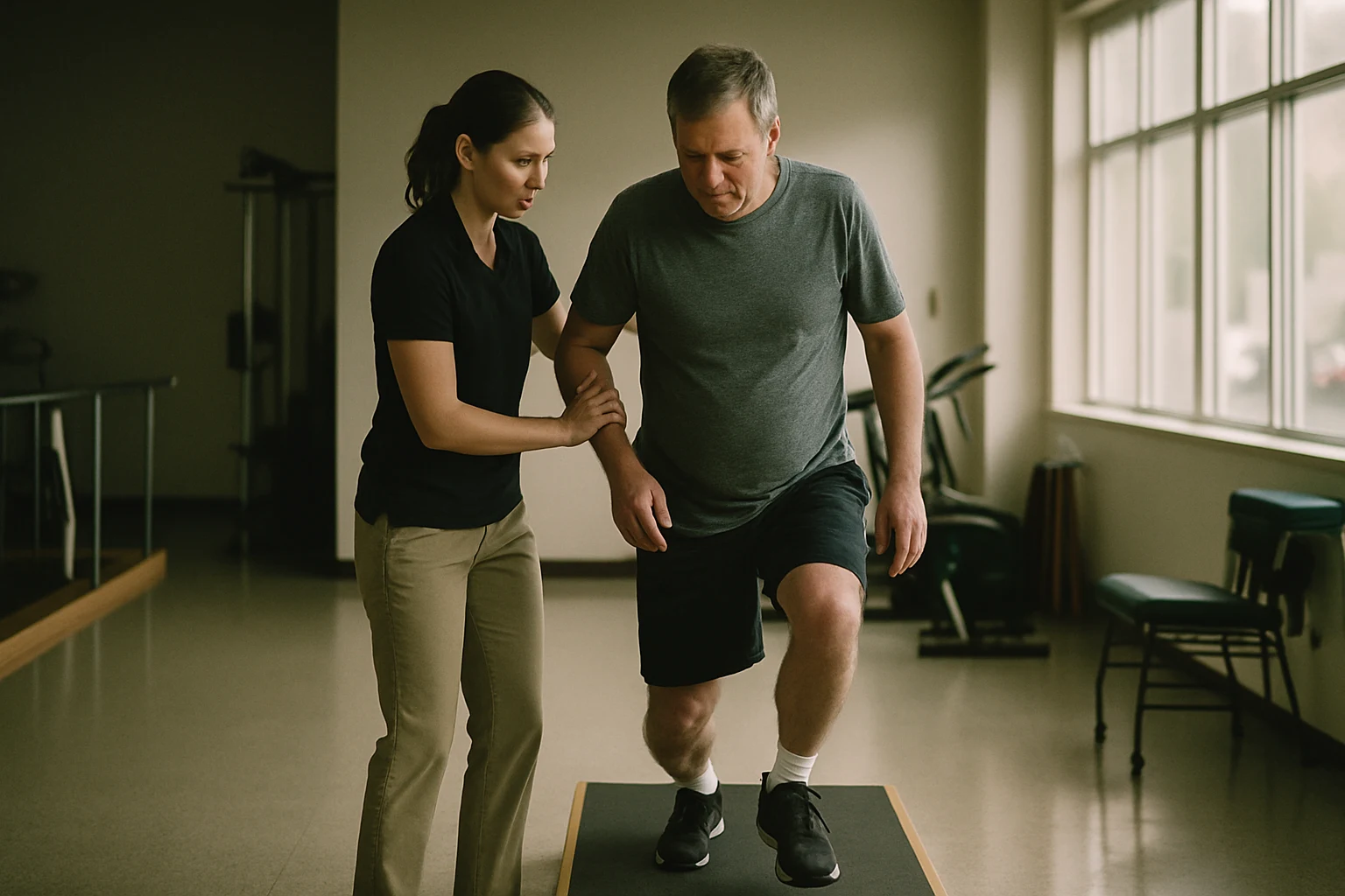 A brain injury patient working through a balance exercise with a Fort Wayne rehabilitation therapist