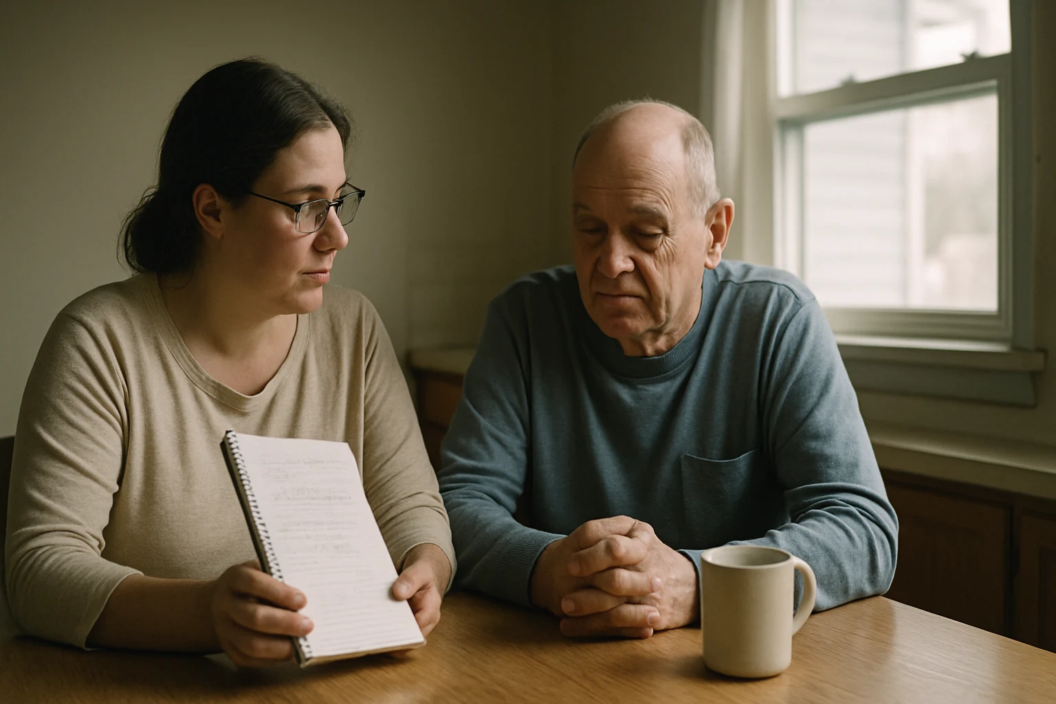 An adult daughter sitting at the kitchen table with her father documenting symptoms after a Fort Wayne brain injury