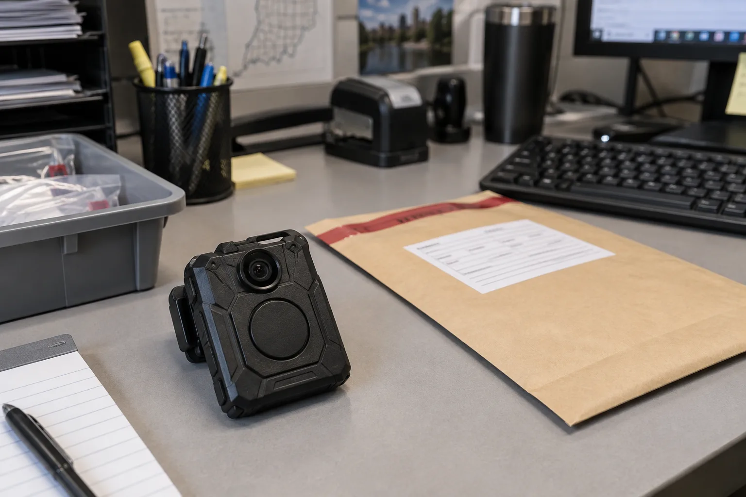 Body-worn camera on an evidence-processing desk