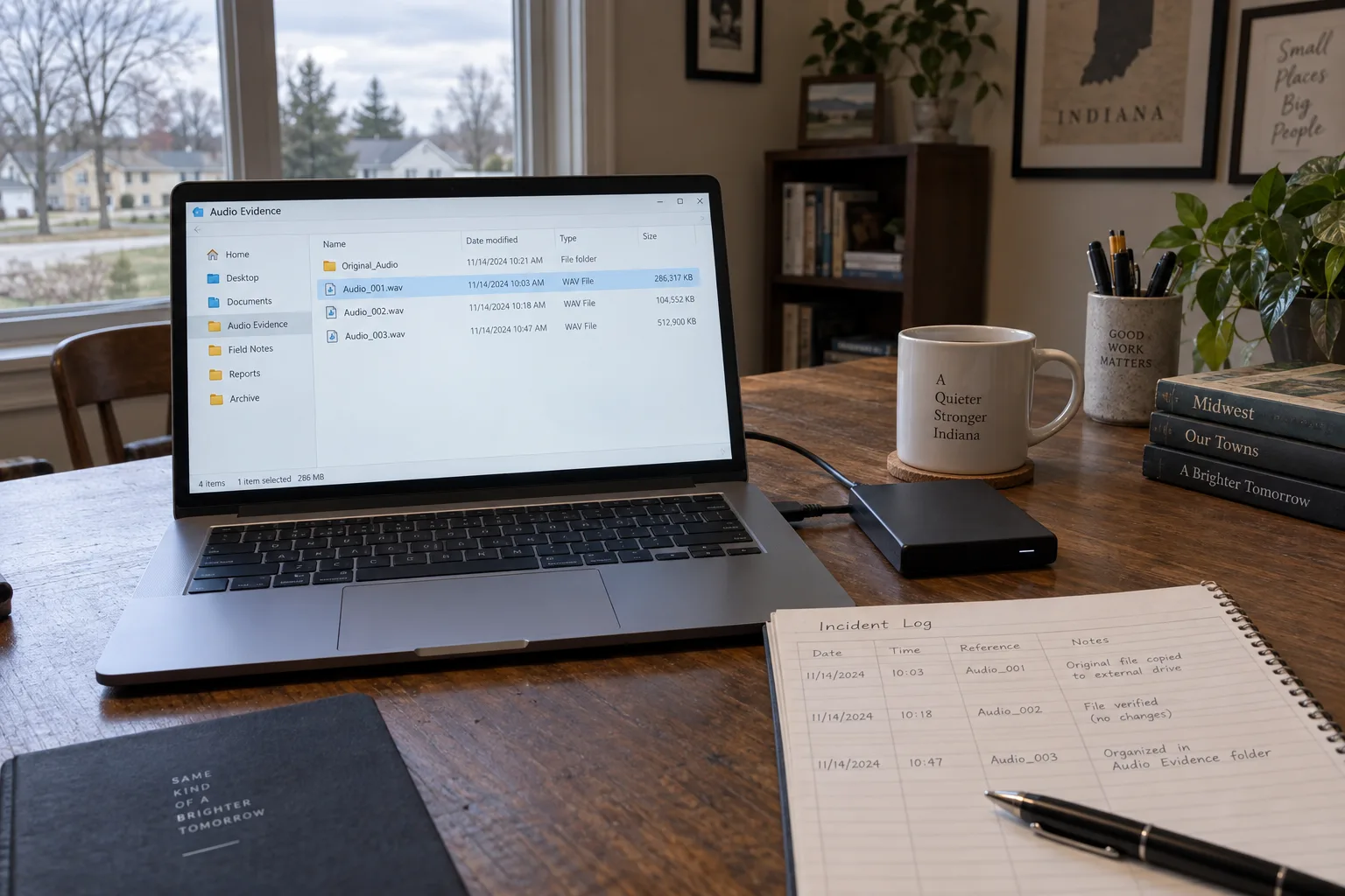 Digital recording being preserved with an incident log and storage drive