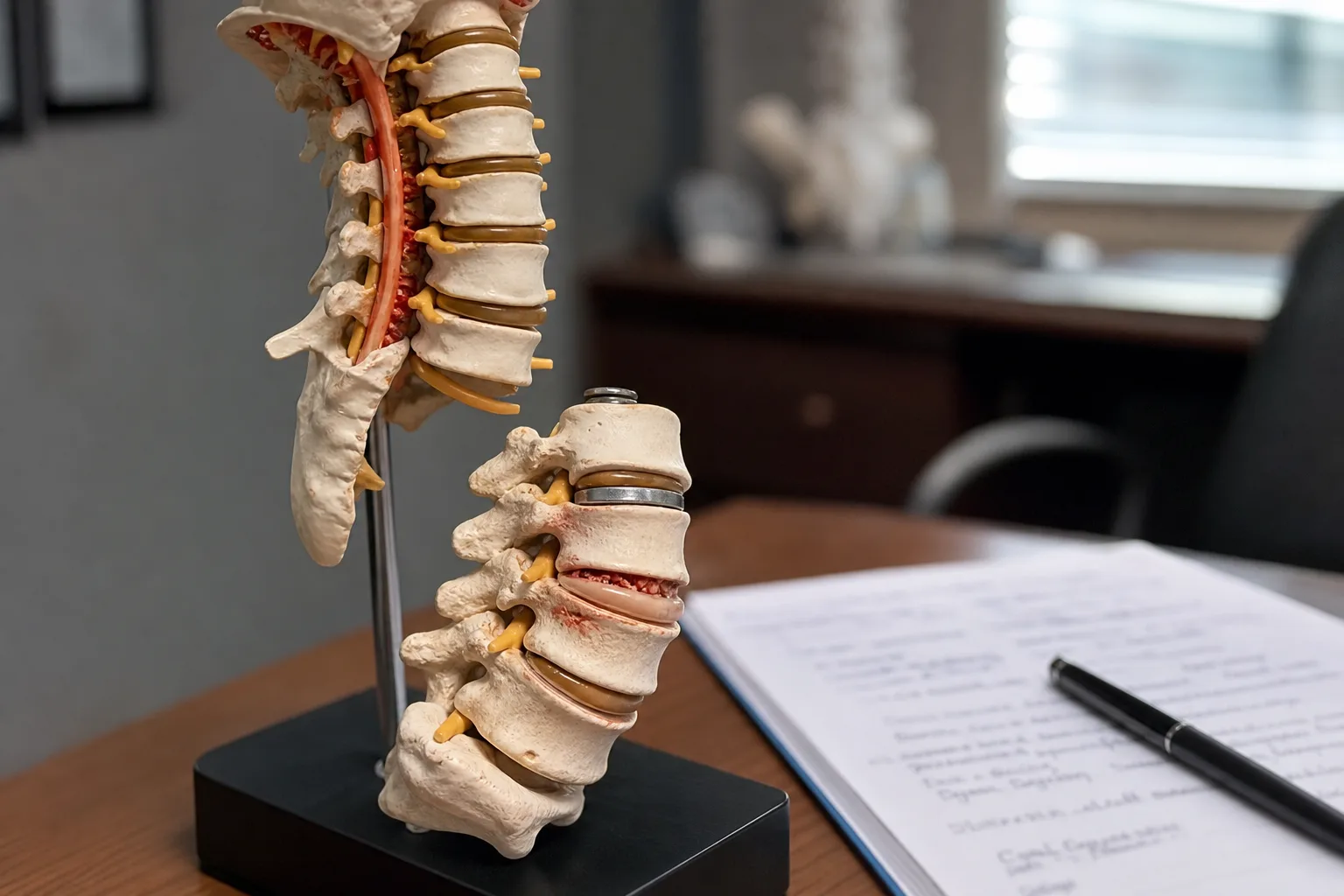 Spine anatomical model and appointment notes representing spinal stenosis after a car accident
