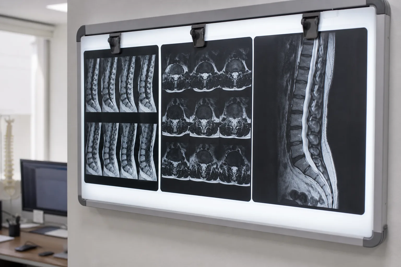 Non-identifiable spine MRI films on a lightbox in a medical office