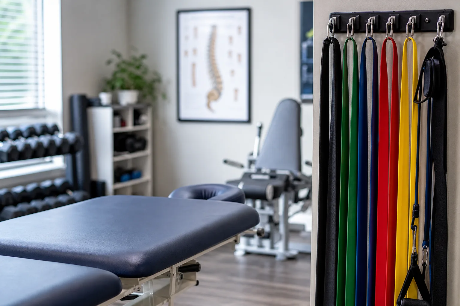 Physical therapy room with equipment representing rehabilitation after crash-related spinal symptoms