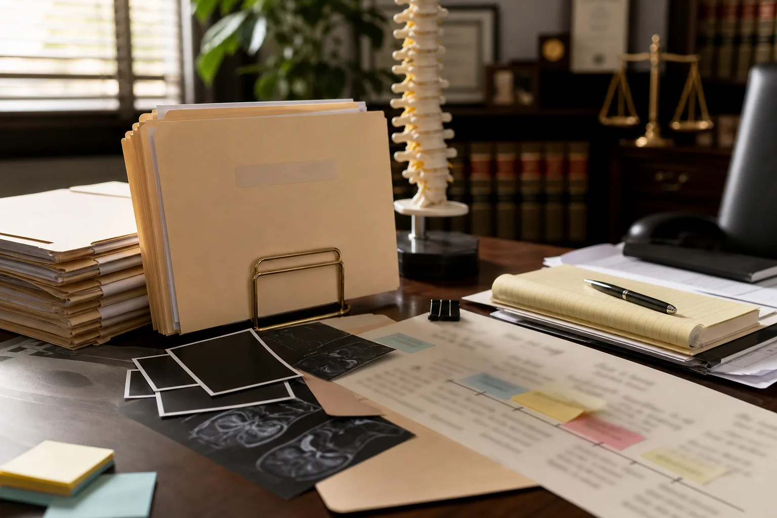 Attorney desk with medical records and timeline notes for proving aggravation of spinal stenosis