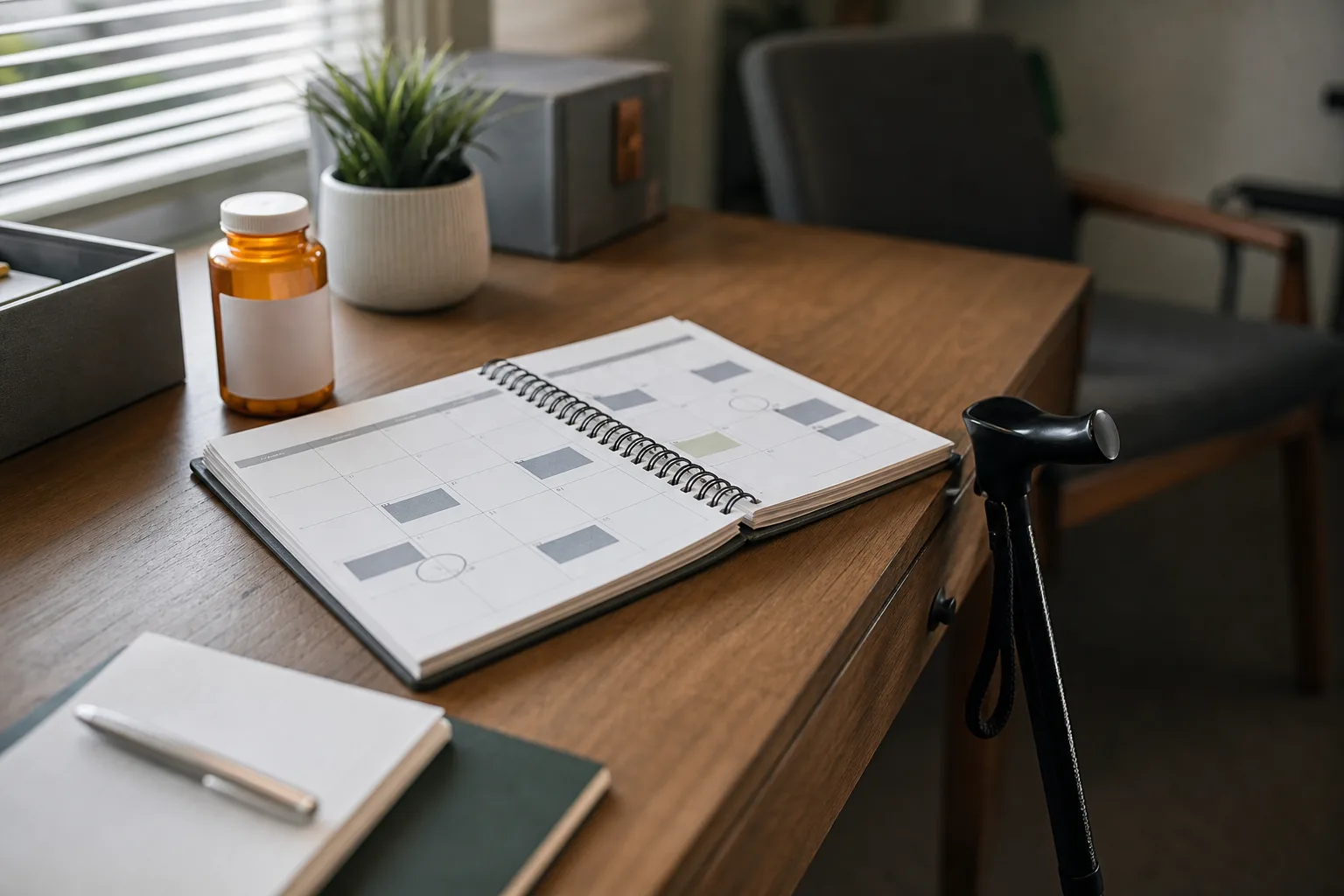 Calendar, medical appointment notes, and cane representing ongoing spinal symptoms after a crash