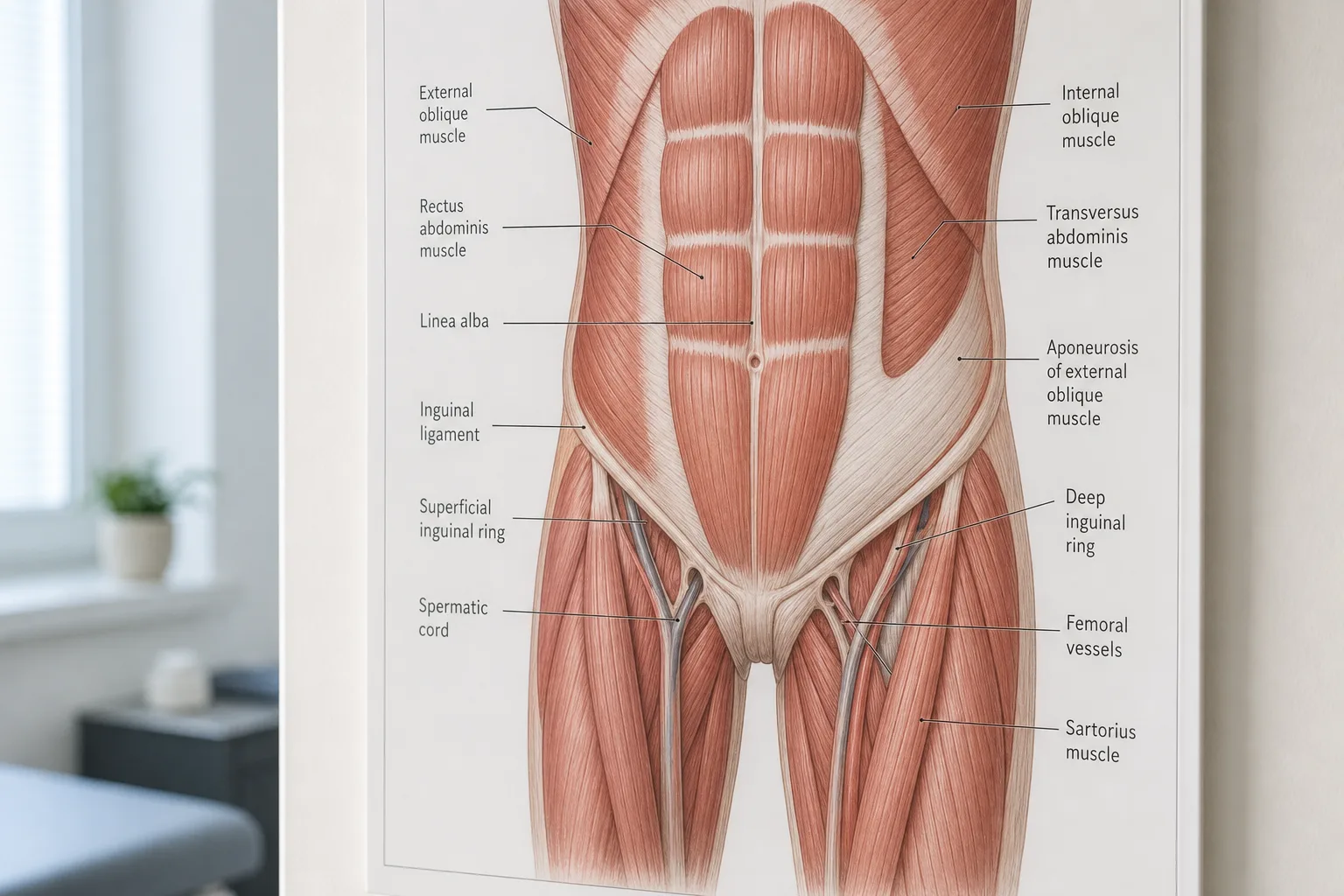 Anatomical wall diagram of the abdominal and groin region in a clinic