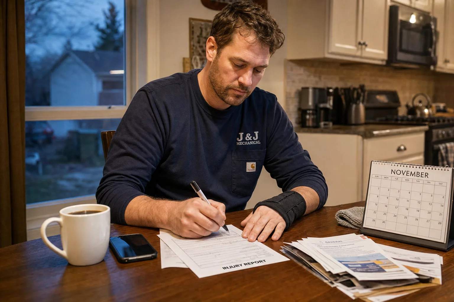 Injured worker completing a workplace injury report form at a table