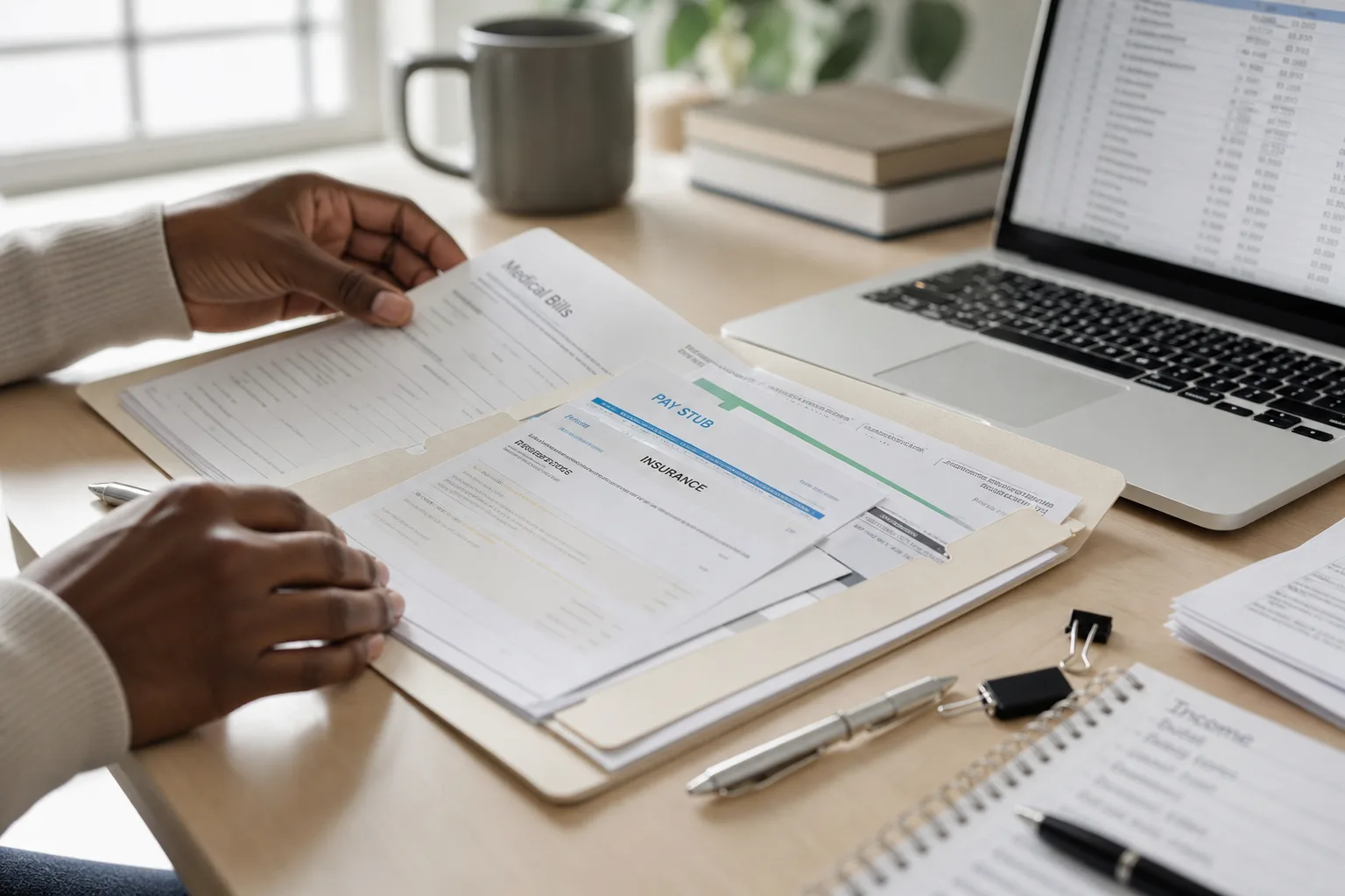 Injured worker organizing medical records and workers' comp paperwork
