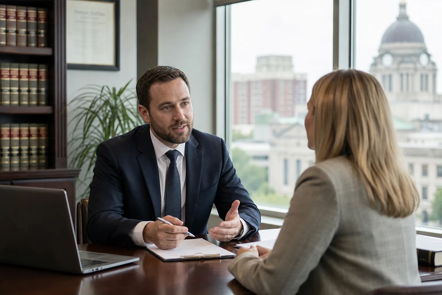 Attorney meeting with an injured worker to discuss an Indiana workers' compensation claim