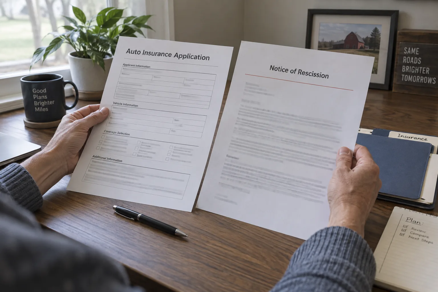 Policyholder comparing an insurance application with a rescission letter