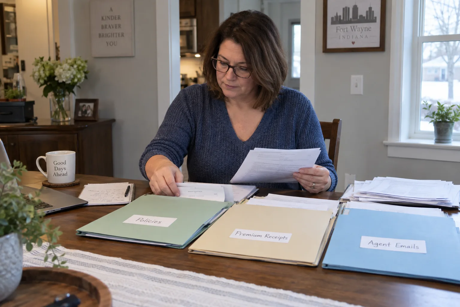 Fort Wayne resident organizing insurance correspondence and premium records