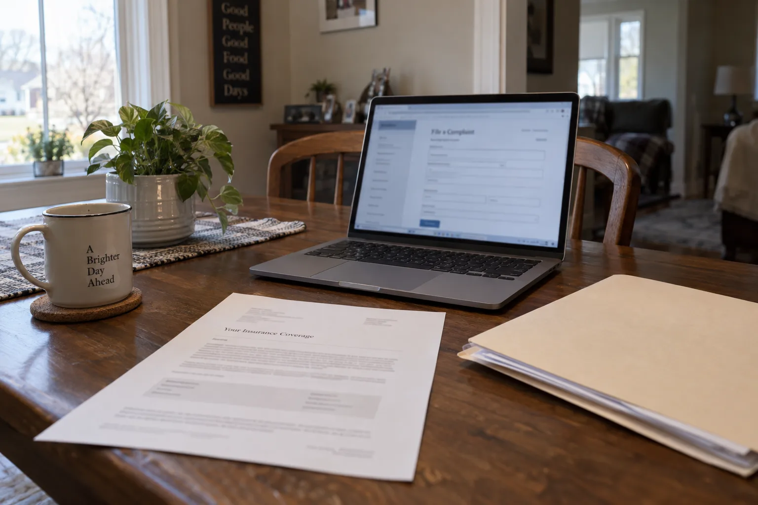 Online insurance complaint form beside supporting policy documents