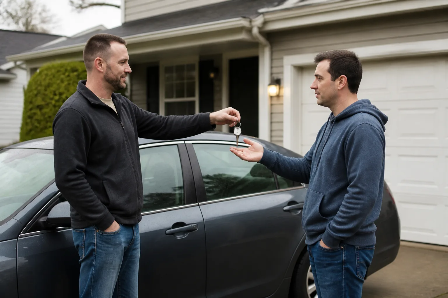 Vehicle owner handing car keys to another driver in a Fort Wayne driveway