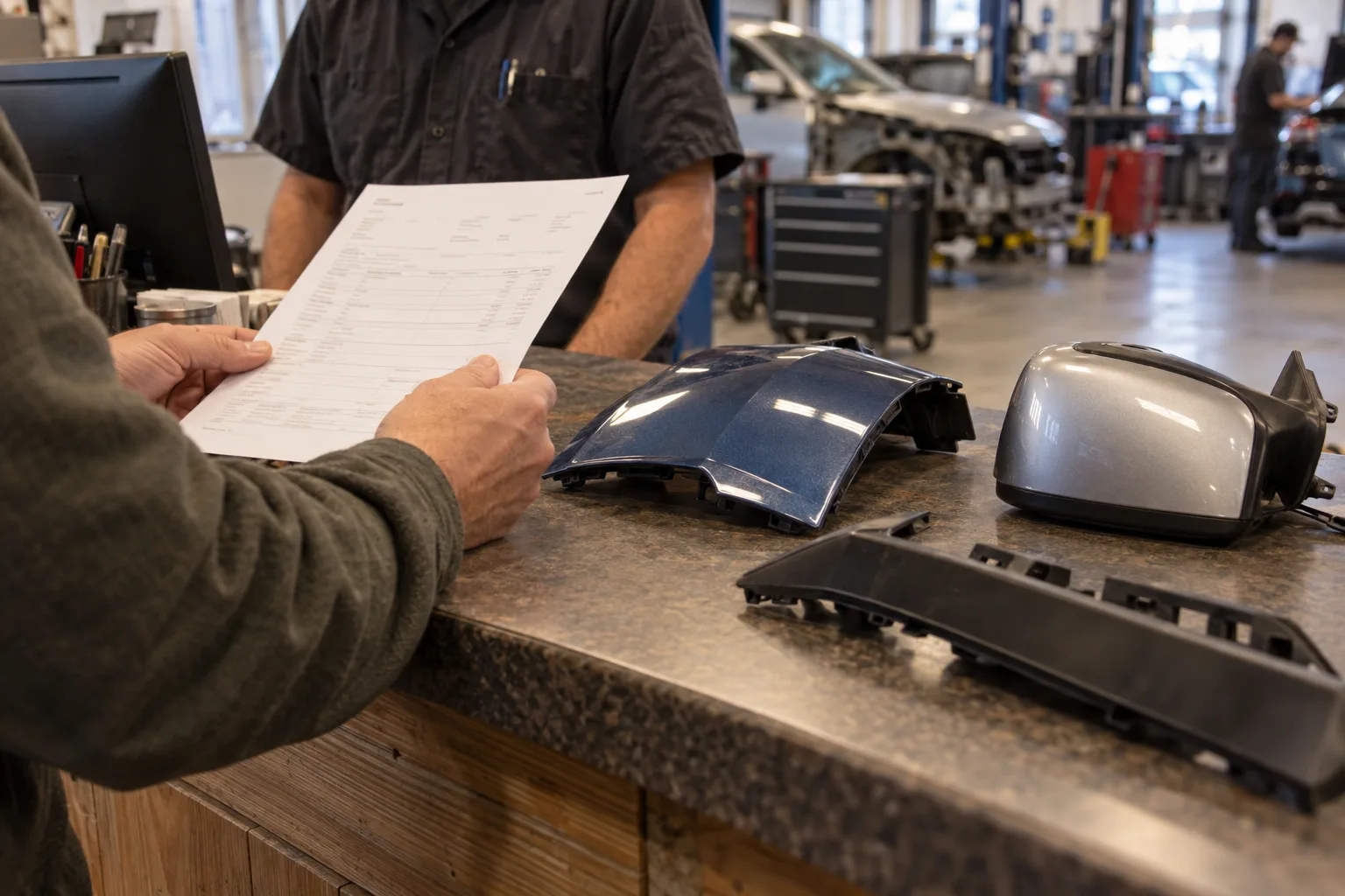 Vehicle owner reviewing body-part choices on a repair estimate