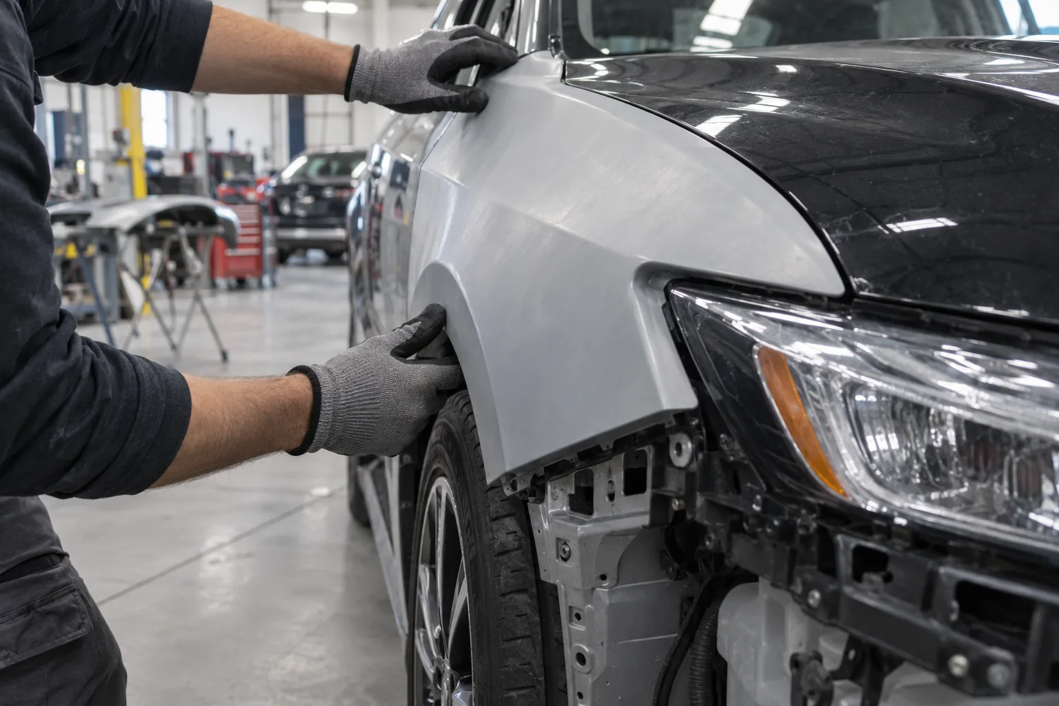 Repair technician checking the fit of a replacement fender