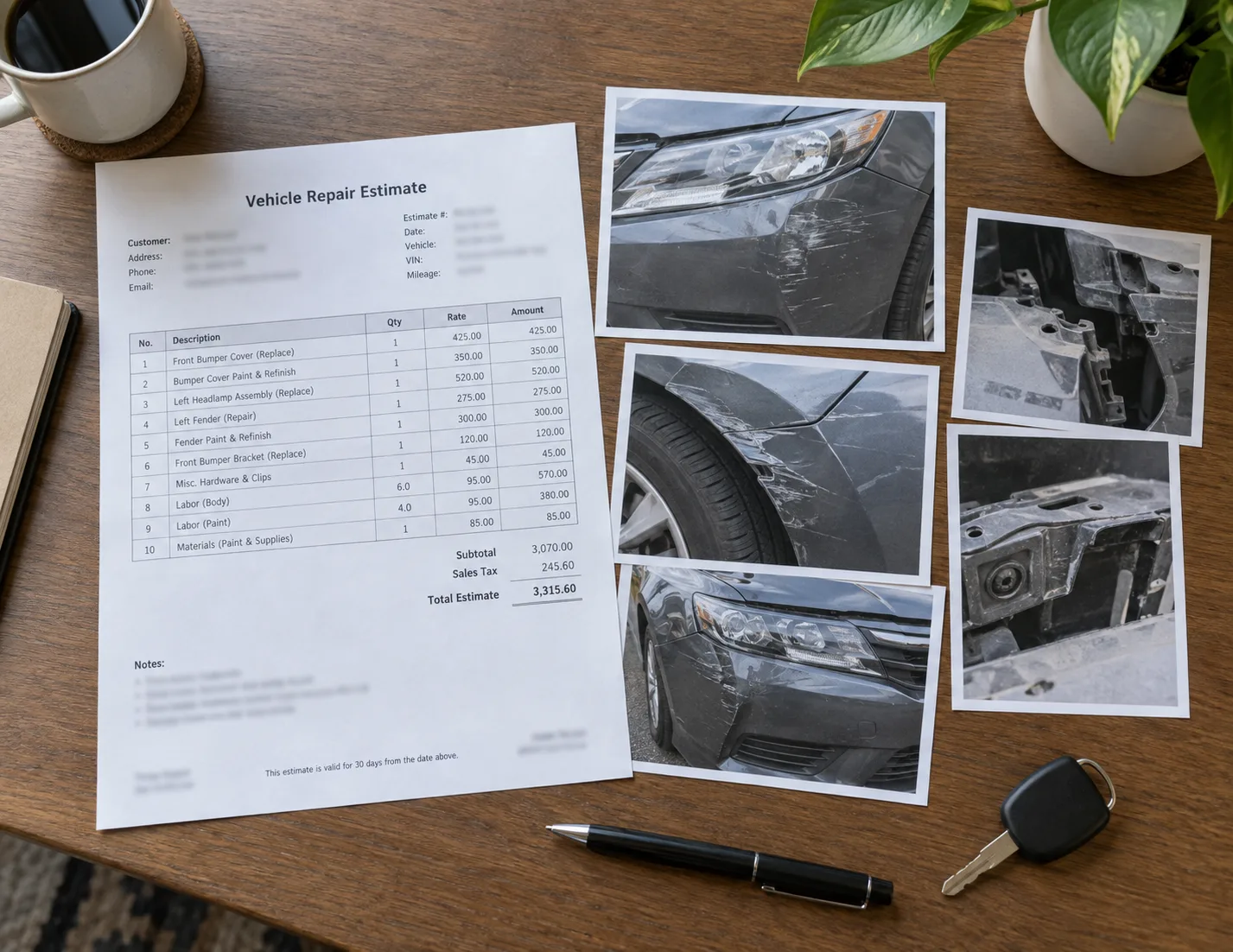 Repair estimate and supporting vehicle photographs organized on a desk