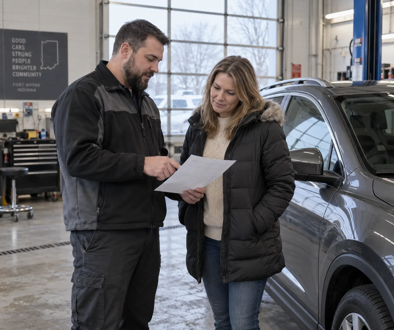 Vehicle owner discussing a repair estimate with a body-shop estimator