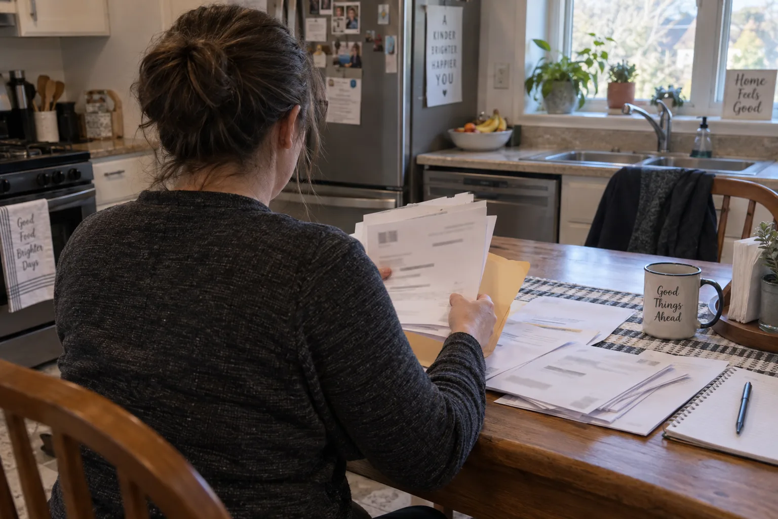 Worker organizing claim notices in a folder at a kitchen table