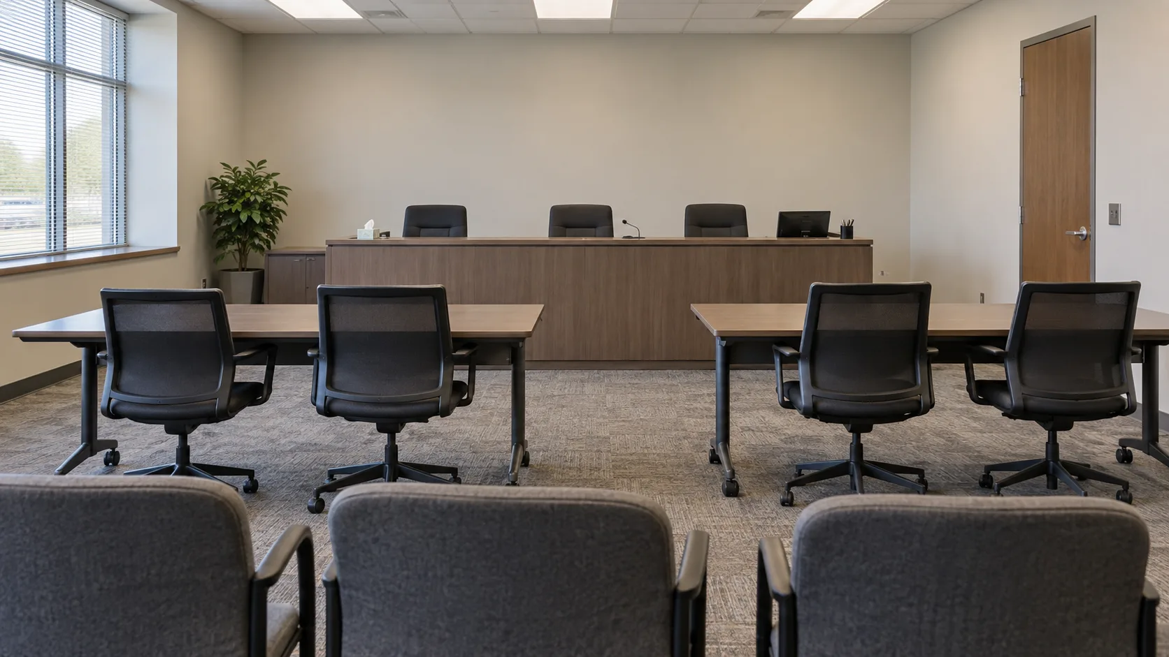Empty administrative hearing room with tables and chairs