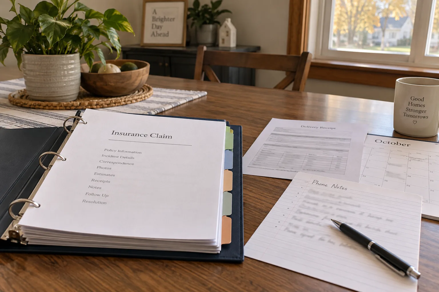 Organized claim binder, correspondence log, and calendar on a desk
