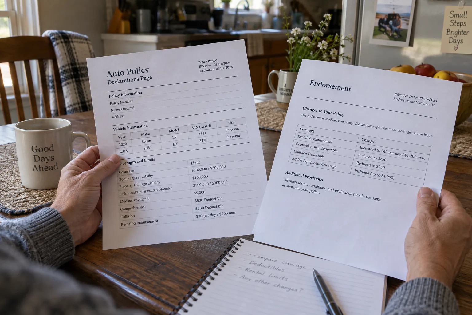 Person comparing an auto insurance declarations page with an endorsement
