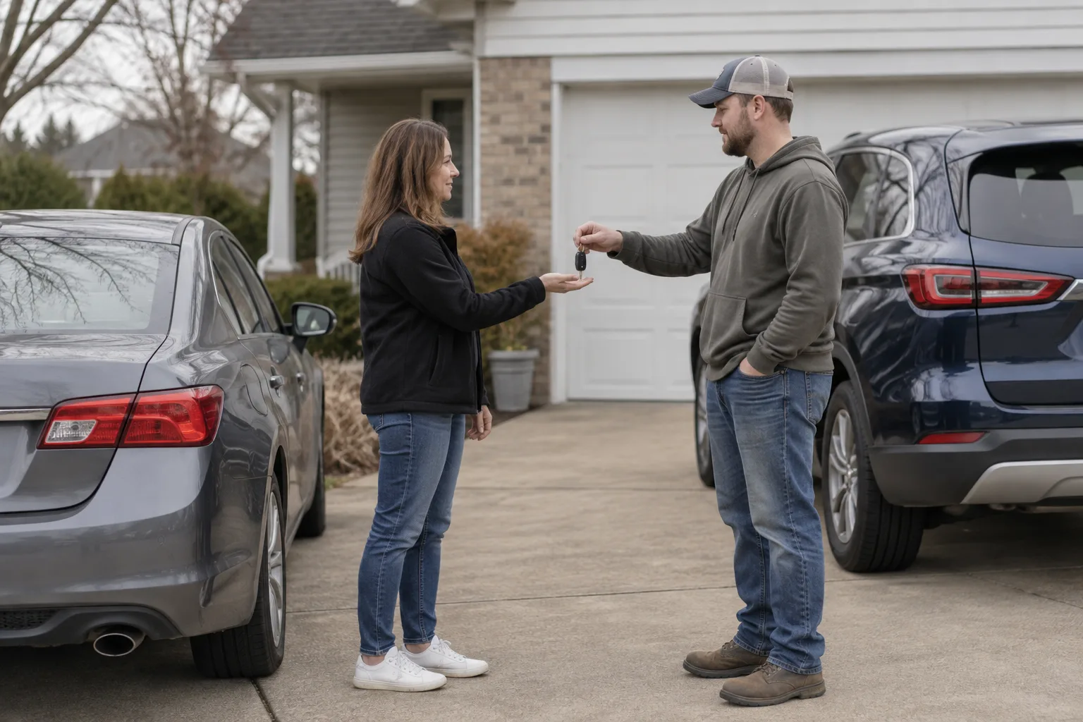 Vehicle owner handing car keys to another driver in a Fort Wayne driveway