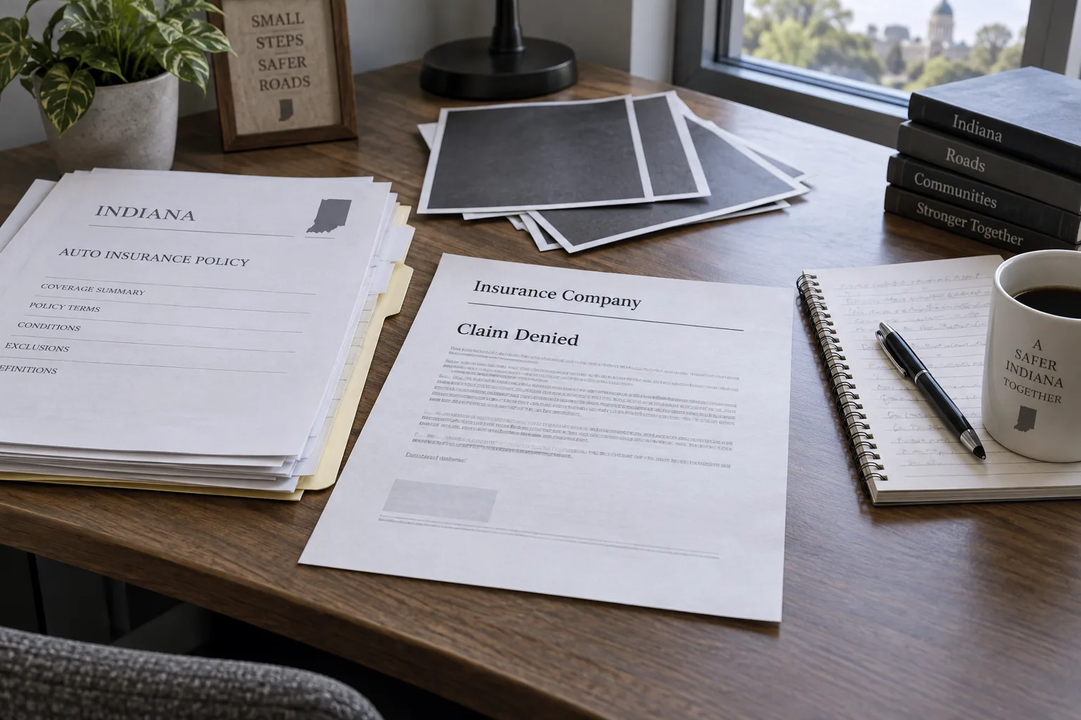 Organized insurance denial and crash-claim documents on a desk