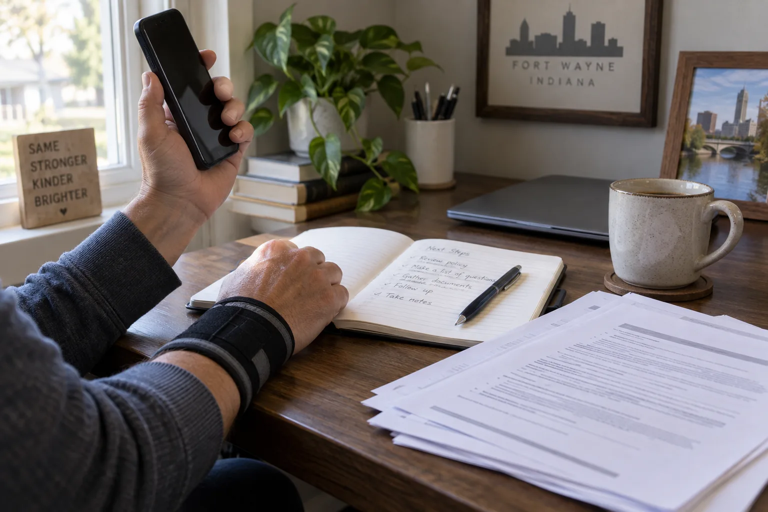 Person discussing an insurance denial by phone with policy documents nearby
