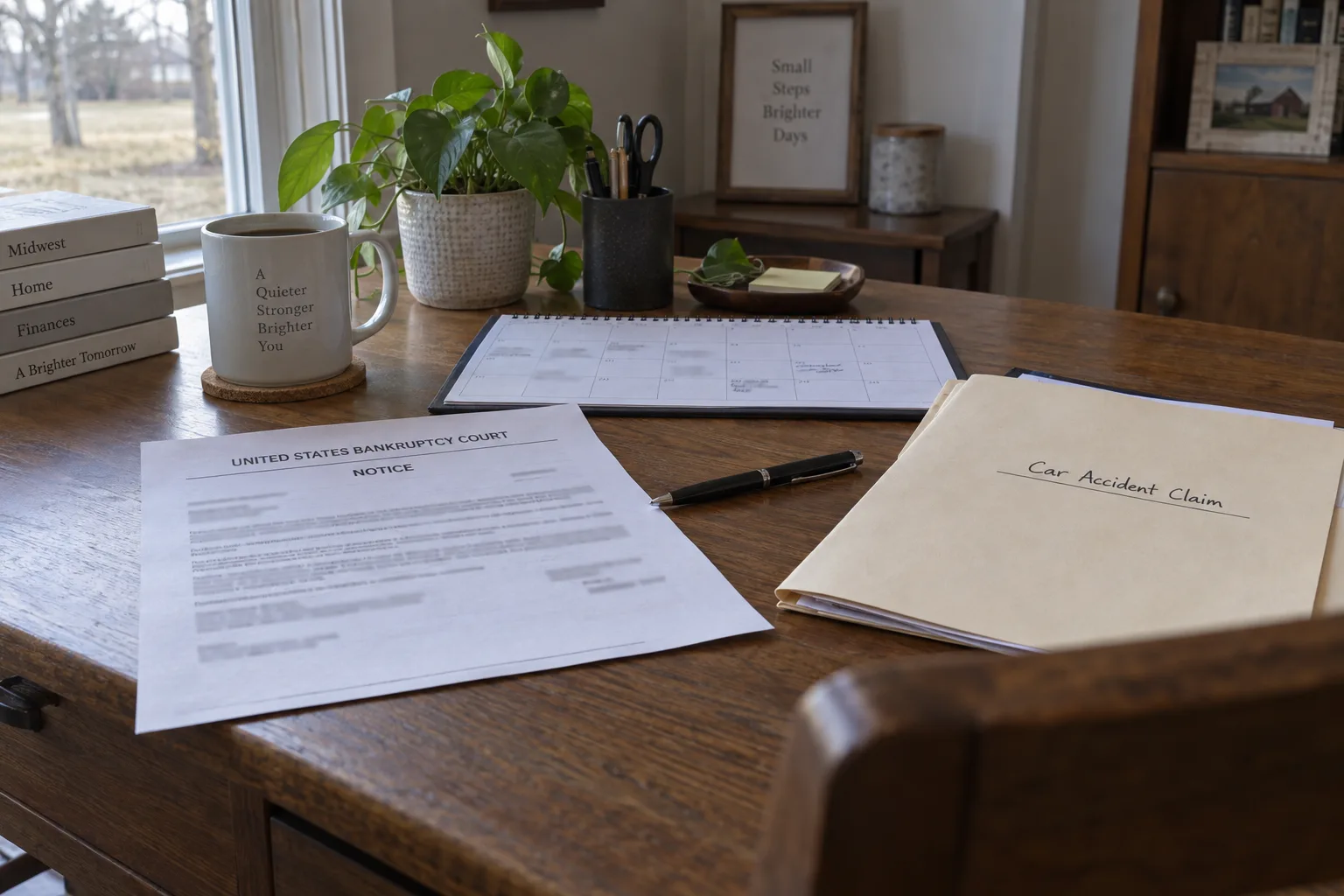 Bankruptcy notice and car-accident claim documents organized on a desk