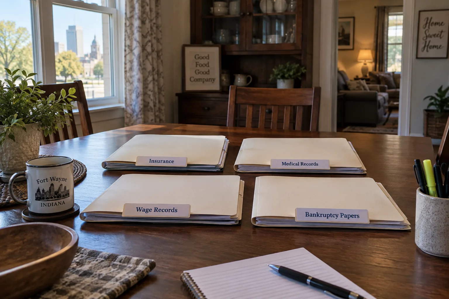 Insurance, medical, wage, and bankruptcy records organized in separate folders