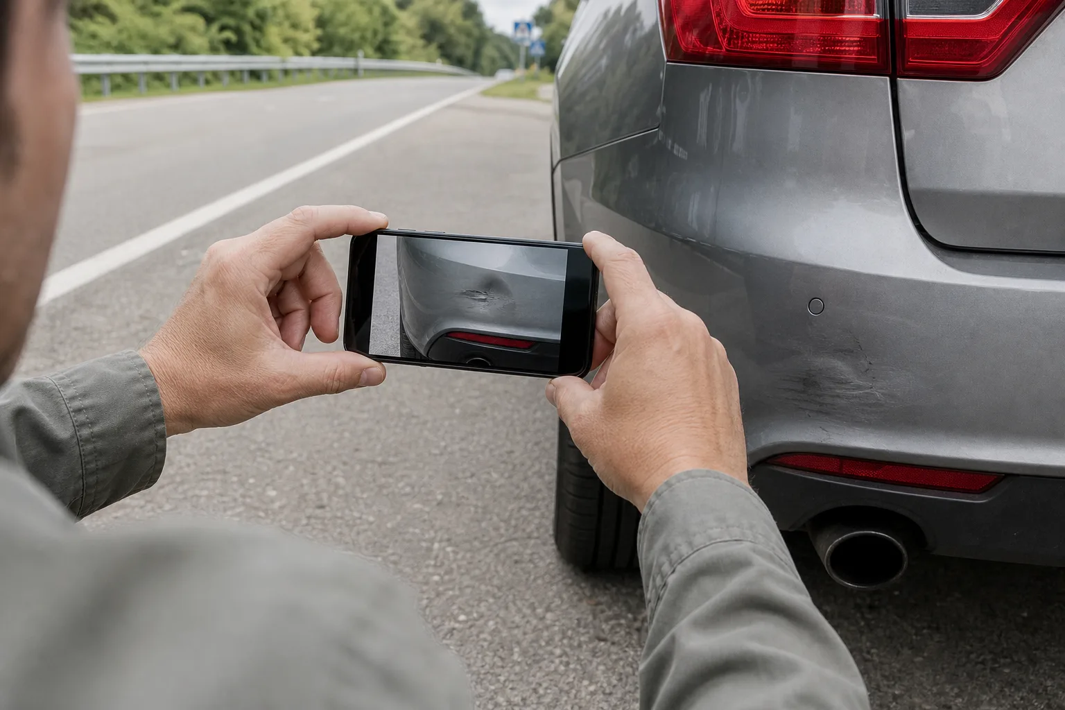 Driver safely photographing vehicle damage at the roadside after a crash