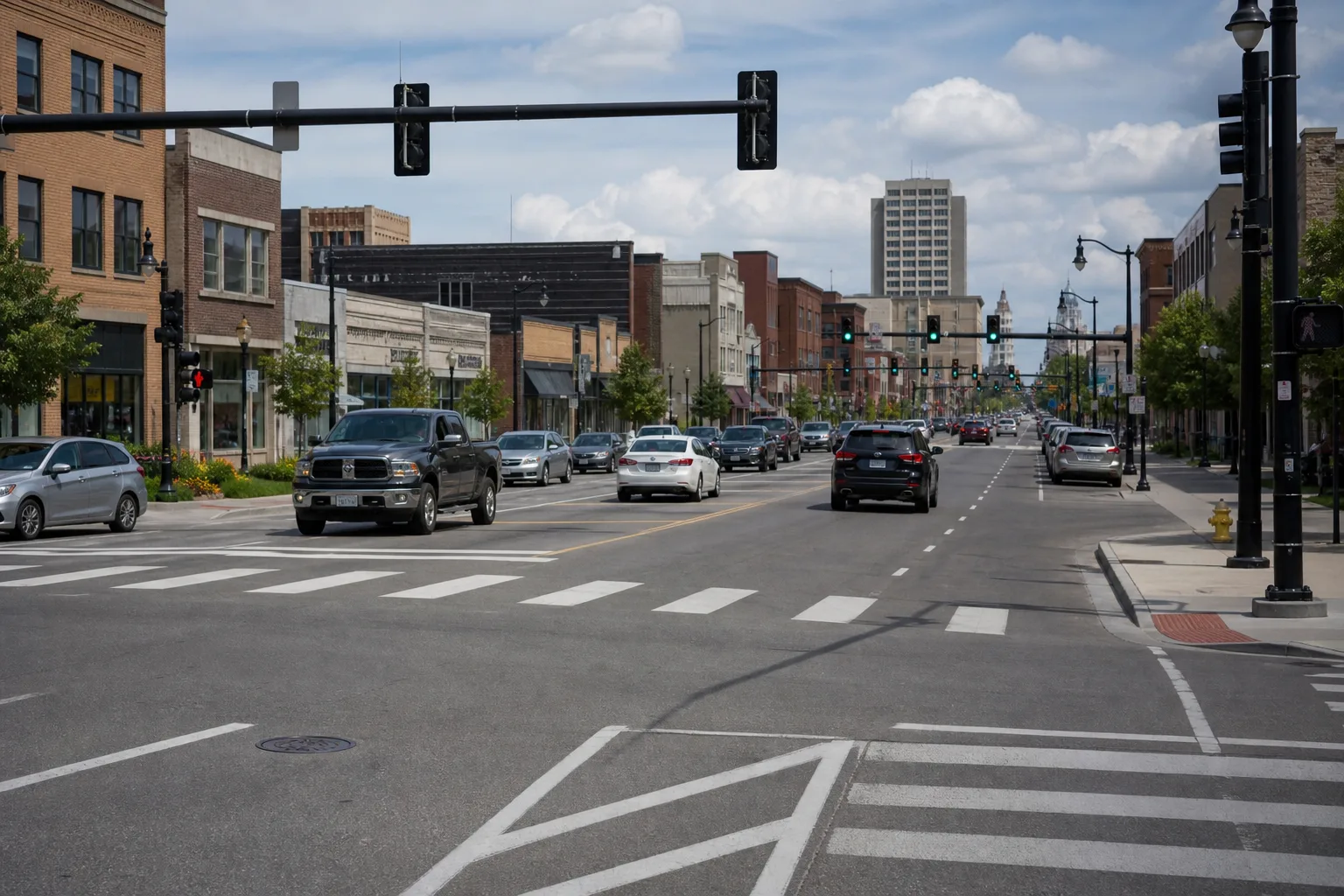 A Fort Wayne intersection corridor with traffic signals during the day