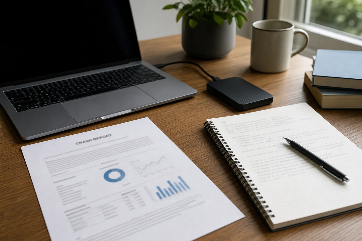 An organized workspace with a crash report, notes, and a backup drive for evidence
