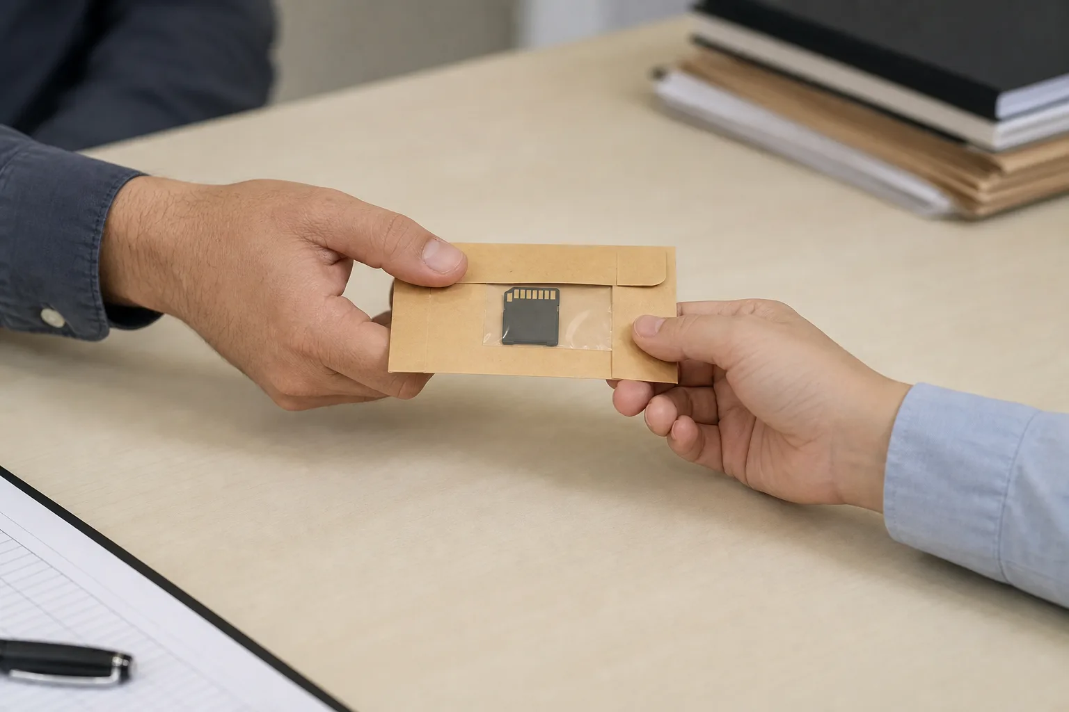 Handing off a labeled envelope containing a dashcam memory card as evidence