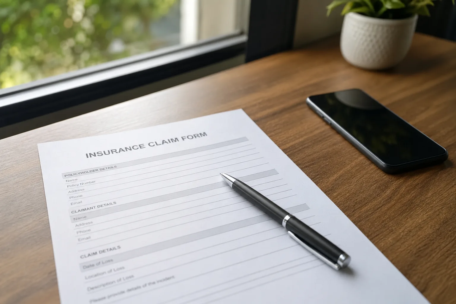 An unsigned insurance claim form and pen on a desk, representing an open claim not yet settled