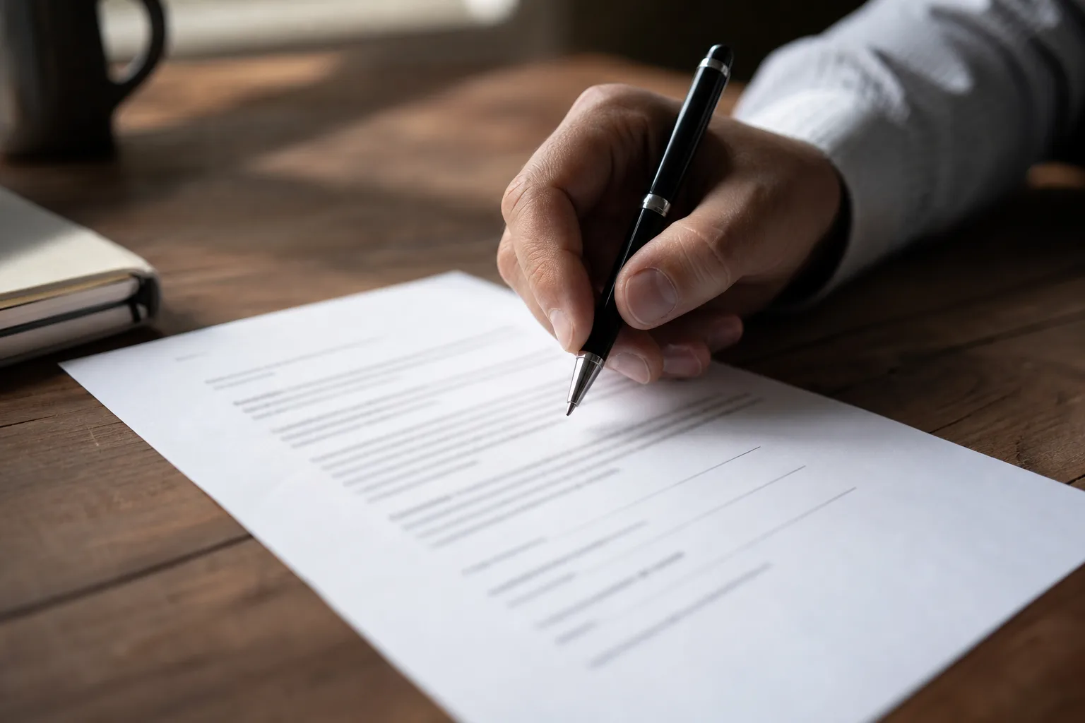 A hand hesitating with a pen over a settlement release document before signing