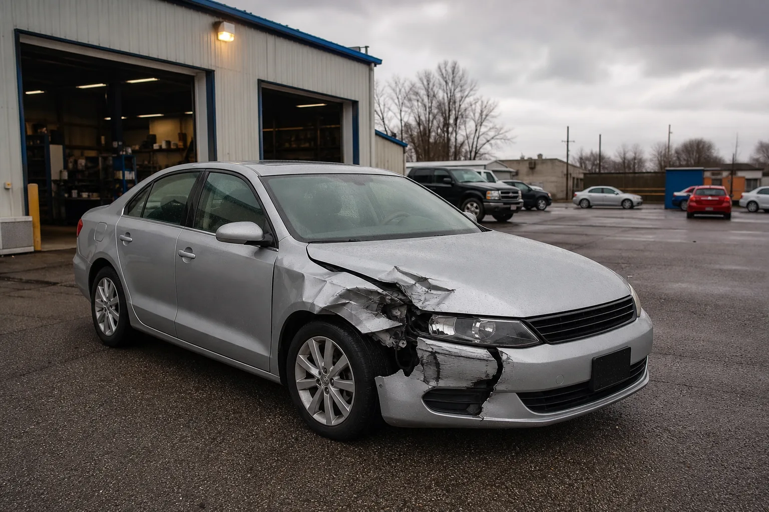 A car with front-end damage at an Indiana repair lot, representing a property-damage claim