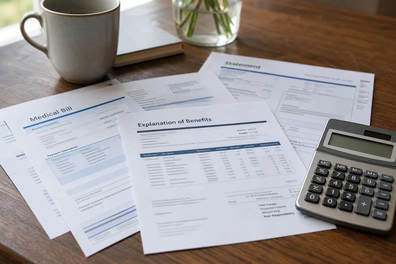 Medical bills and a calculator on a table, representing bills and liens that remain after a crash