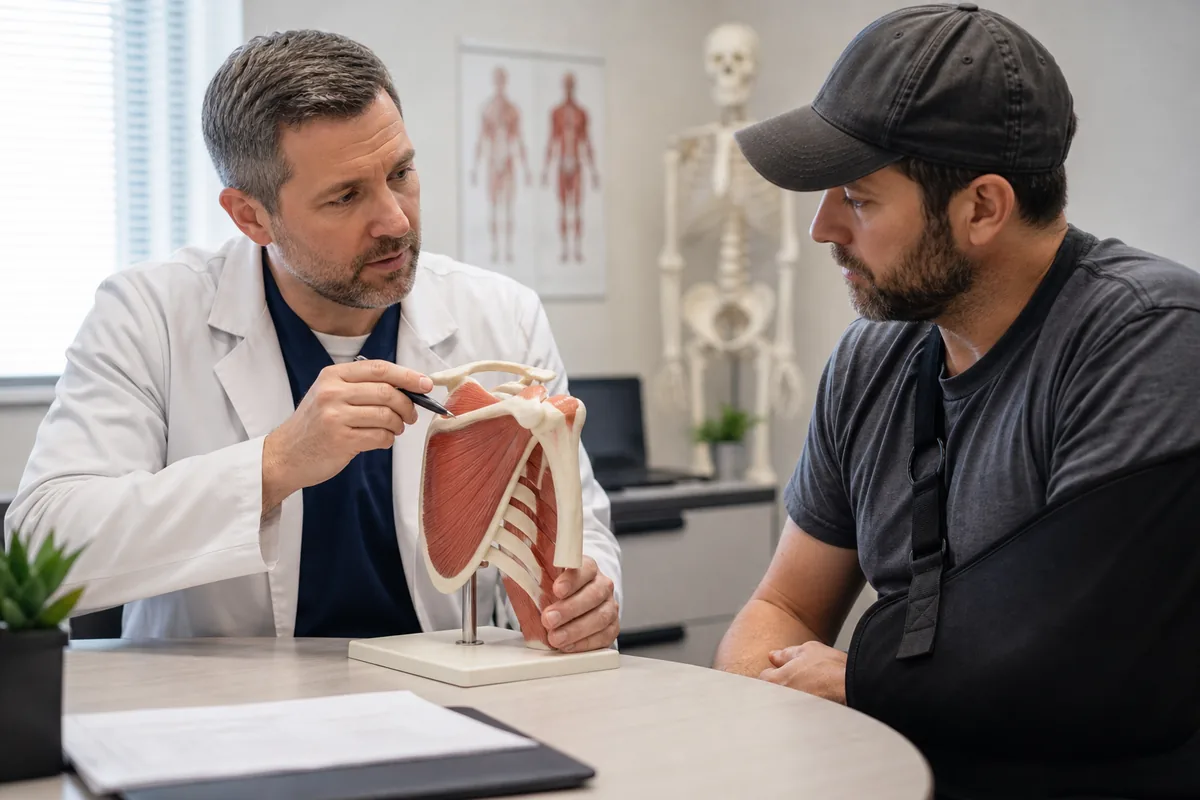 Doctor discussing an injury model with a Fort Wayne workers compensation patient
