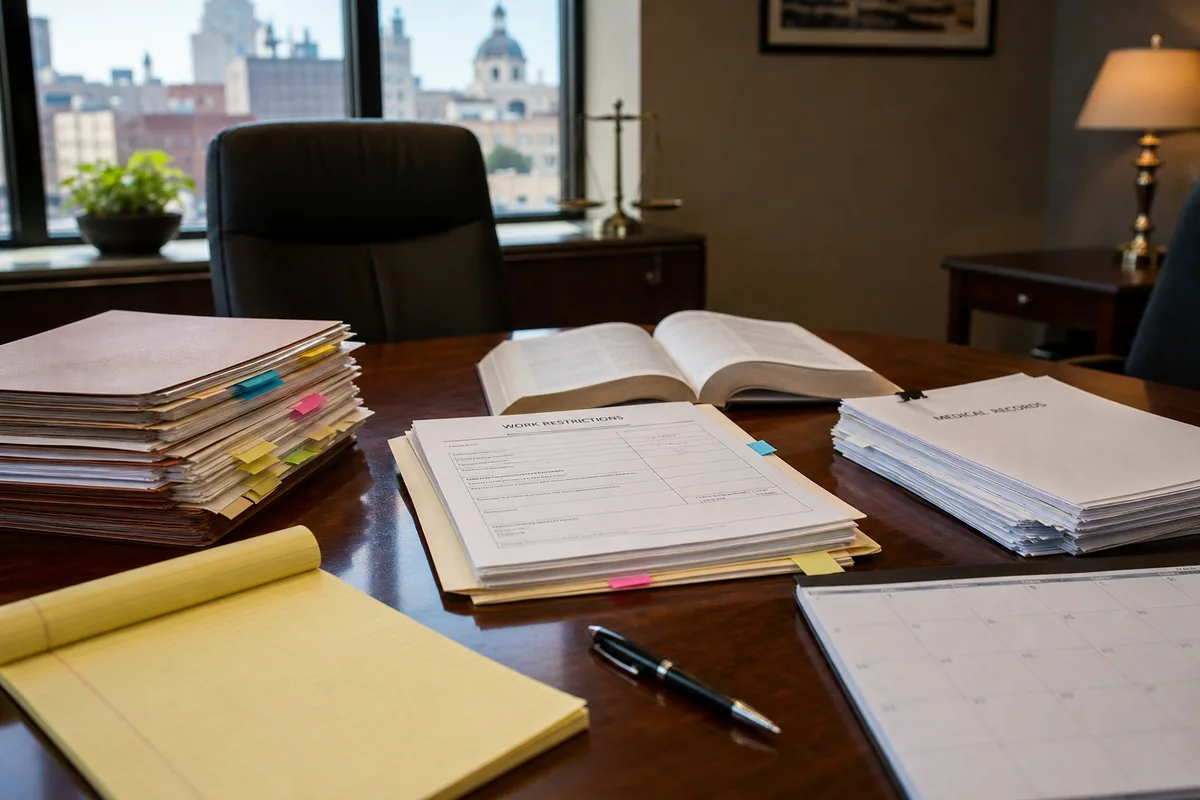 Workers compensation medical records and work restrictions on a Fort Wayne law office table