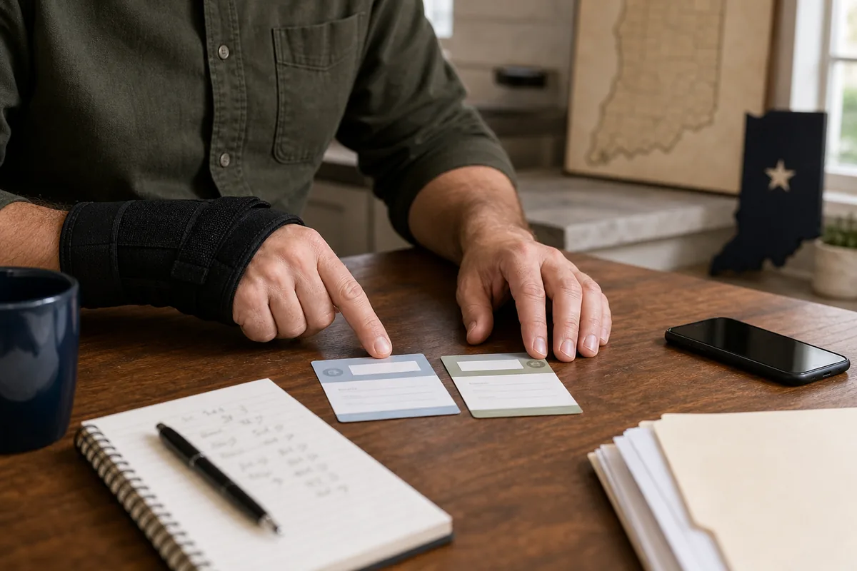 Injured Indiana worker comparing medical appointment information and mileage notes
