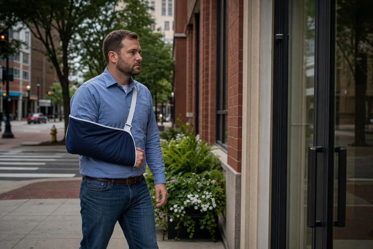 Fort Wayne worker with an arm sling walking toward a legal consultation