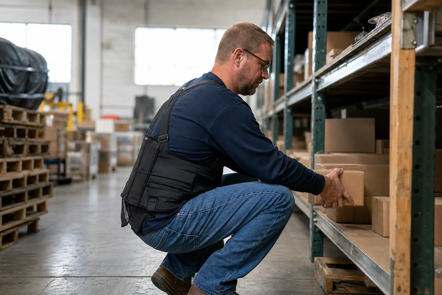 Worker on light duty in a northeast Indiana warehouse wearing a back brace