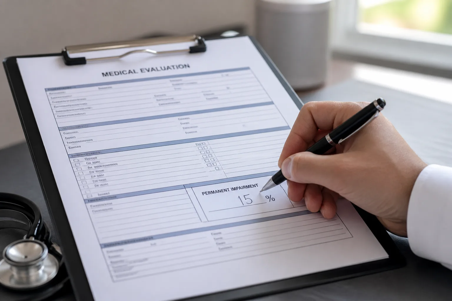 Doctor marking a permanent partial impairment rating on a medical evaluation chart