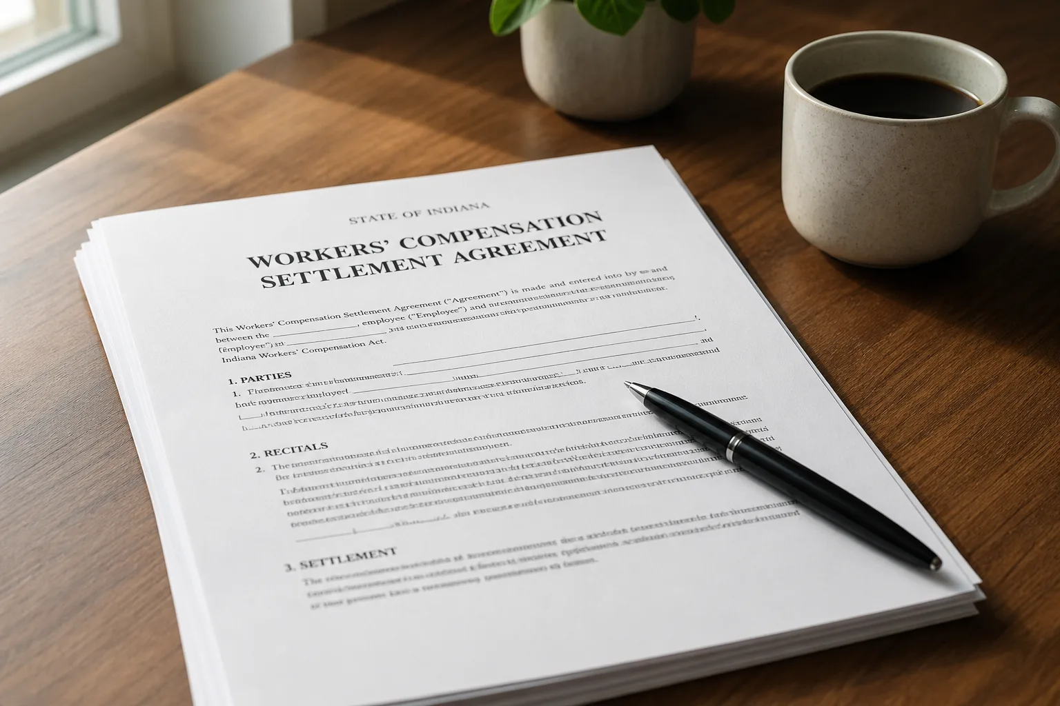 Workers' compensation settlement document and pen on a desk