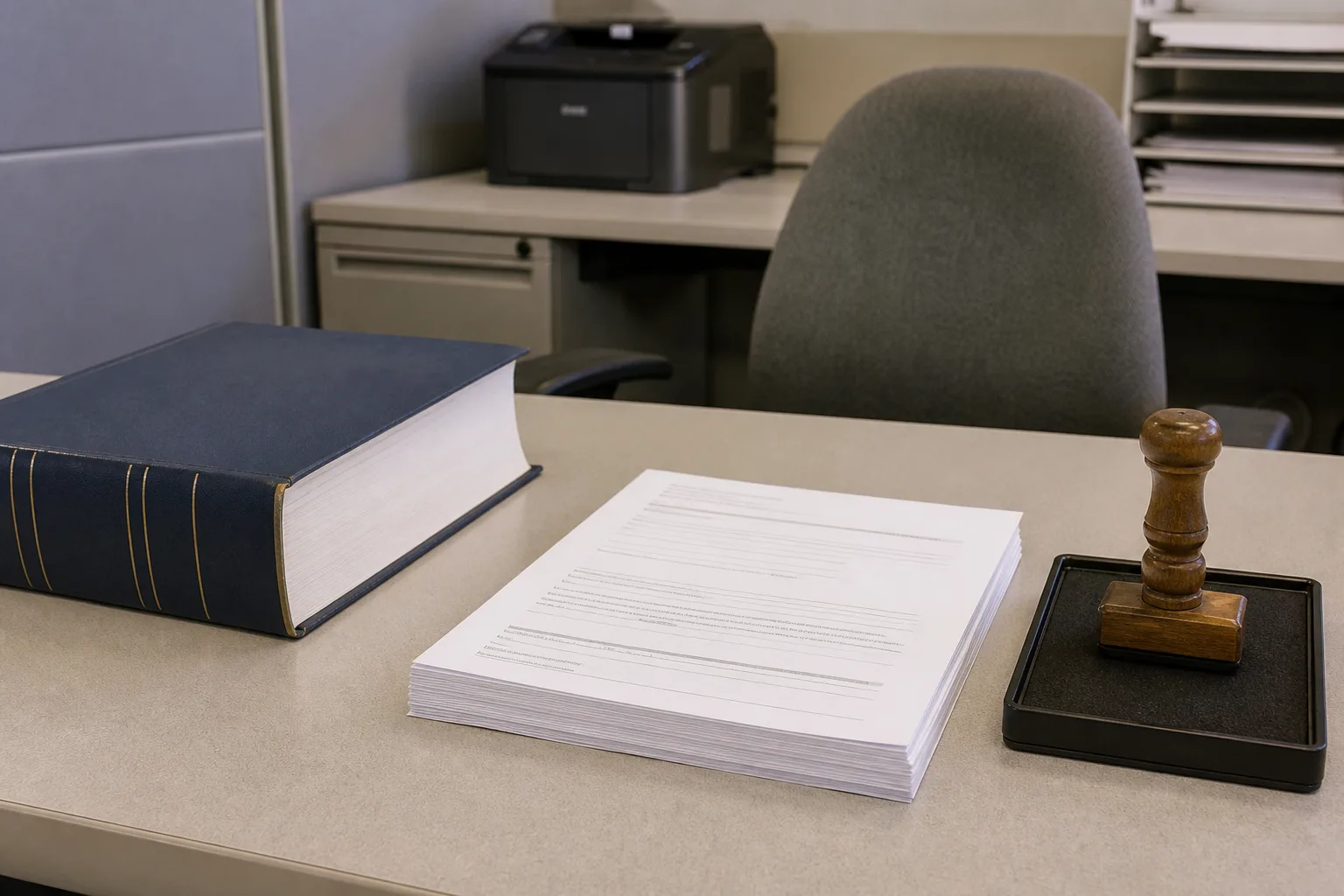 Administrative desk with a statute volume and forms suggesting settlement review