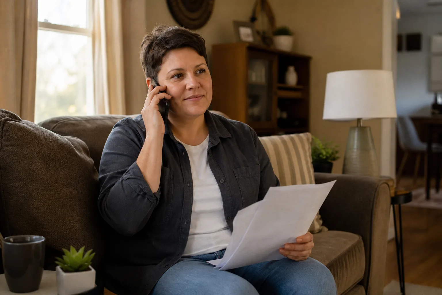 Injured worker on the phone at home holding workers' compensation paperwork
