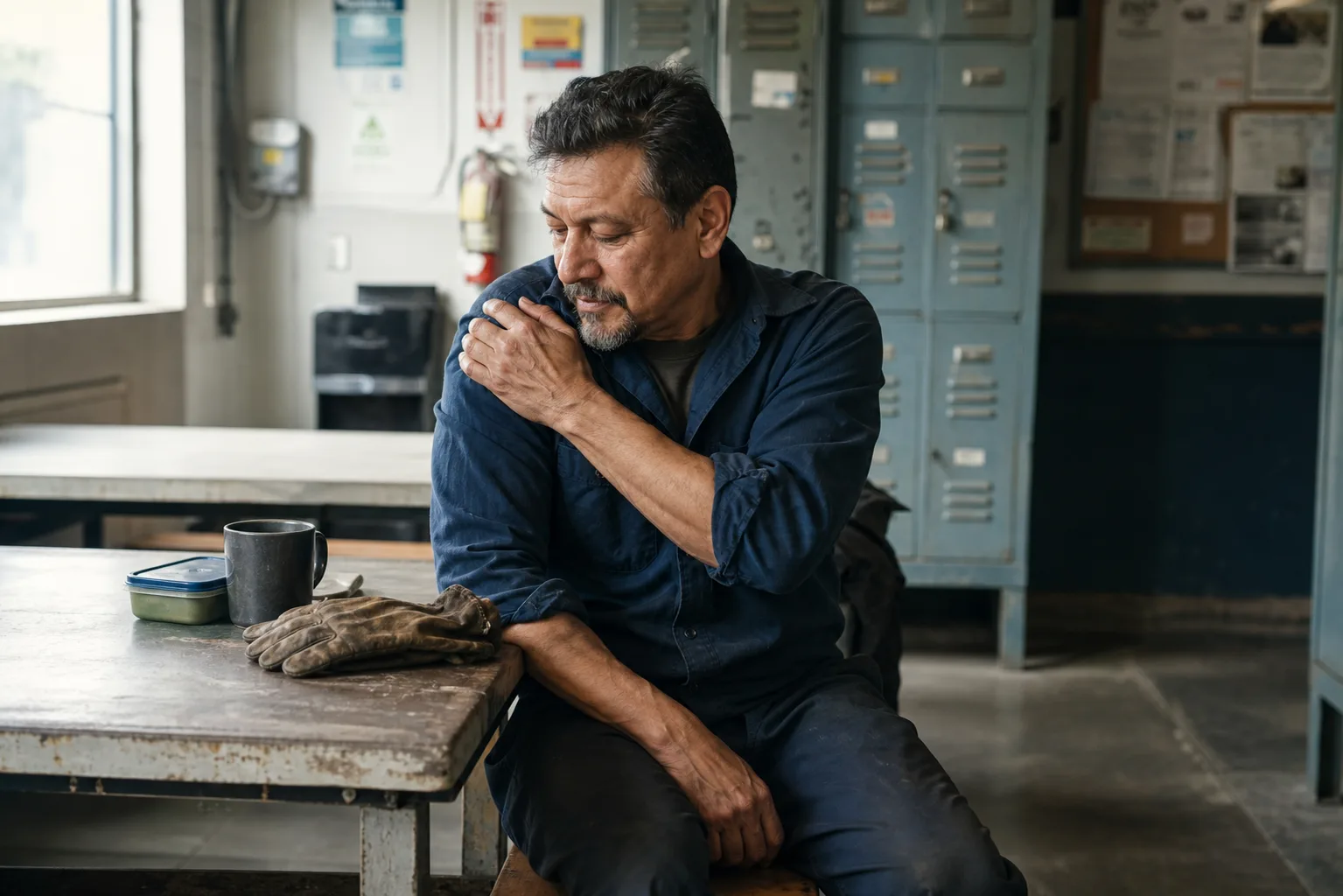 Factory worker resting in a breakroom while rubbing a sore shoulder