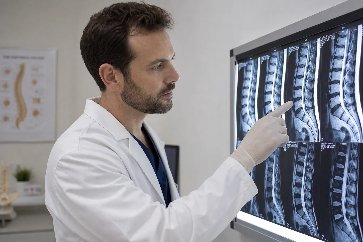 Doctor reviewing a lumbar spine MRI image on a lightbox in a clinic