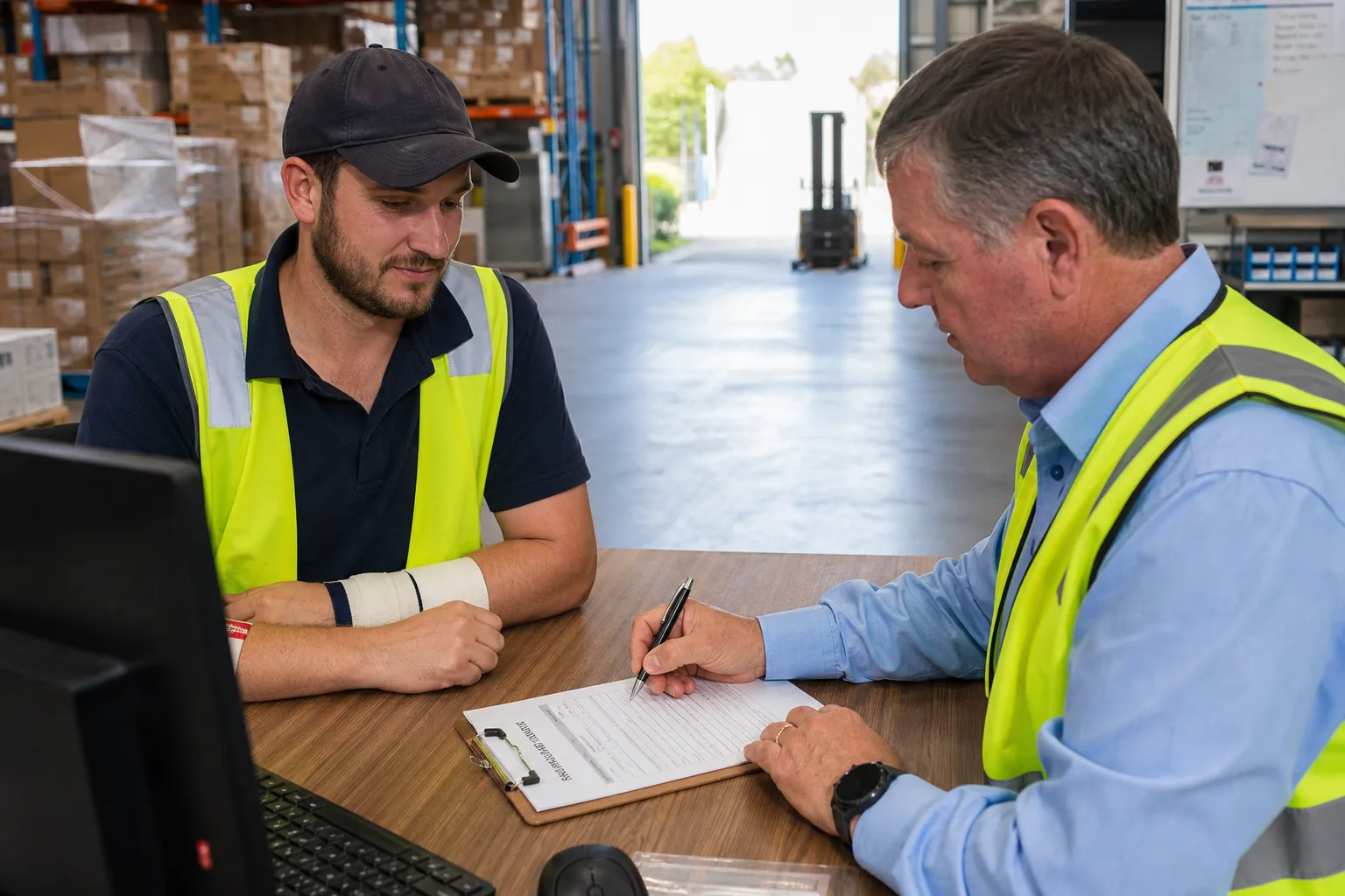 Injured worker reporting an injury as a supervisor completes an incident report form